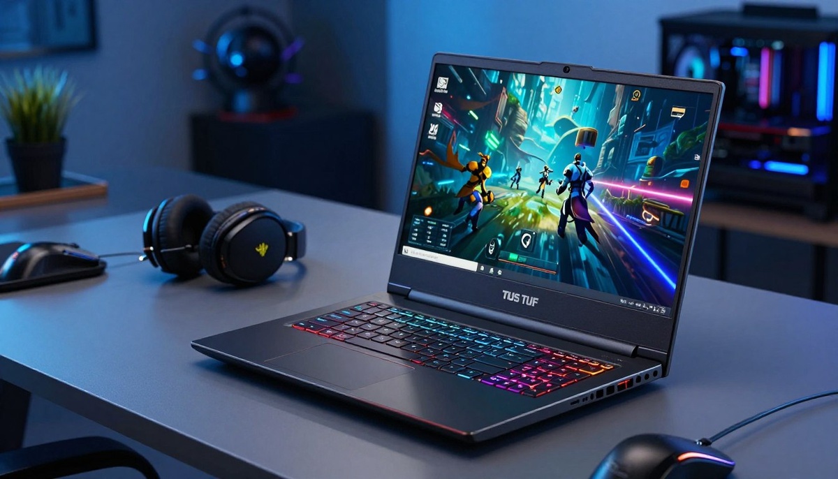 На переднем плане представлено подробное изображение игрового ноутбука ASUS TUF, демонстрирующее его элегантный дизайн и RGB-подсветку. Ноутбук открыт, открывая клавиатуру с подсветкой и экран с высоким разрешением, на котором отображается яркая графика игровой сцены. В центре внимания - организованный рабочий стол с игровыми аксессуарами, такими как гарнитура и мышь, которые создают ощущение полного погружения в игру. На заднем плане - мягко освещенная комната с современным декором, подчеркивающая технологичную обстановку. Экран подсвечивается холодным синим светом, что усиливает игровую атмосферу. Сделайте снимок ноутбука под небольшим углом, сосредоточив внимание на его стильных контурах и выступающих элементах, сохраняя при этом лаконичную профессиональную эстетику, подходящую для статьи о технологиях.