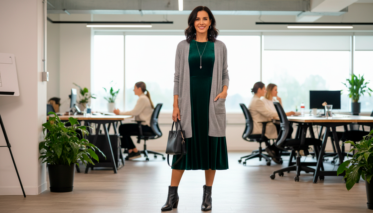 Видите, как изменился образ? То же самое изумрудное платье, но с серым кардиганом оно превратилось из вечернего наряда в элегантный офисный look. Никакого намёка на "вчера была на вечеринке"!