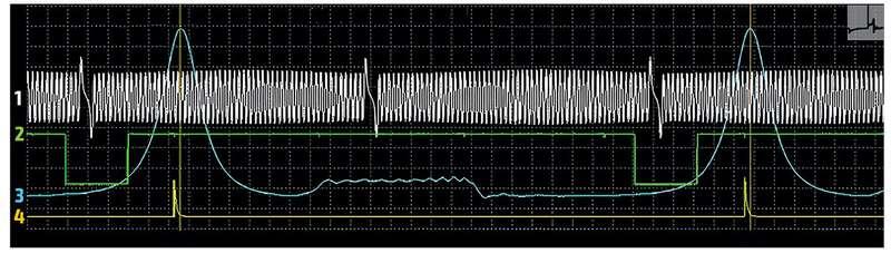    Осциллограмма 16‑клапанного двигателя ВАЗ‑21129: 1 – сигнал датчика положения коленвала; 2 – сигнал датчика положения распредвалов; 3 – график давления в цилиндре; 4 – сигнал датчика детонации.