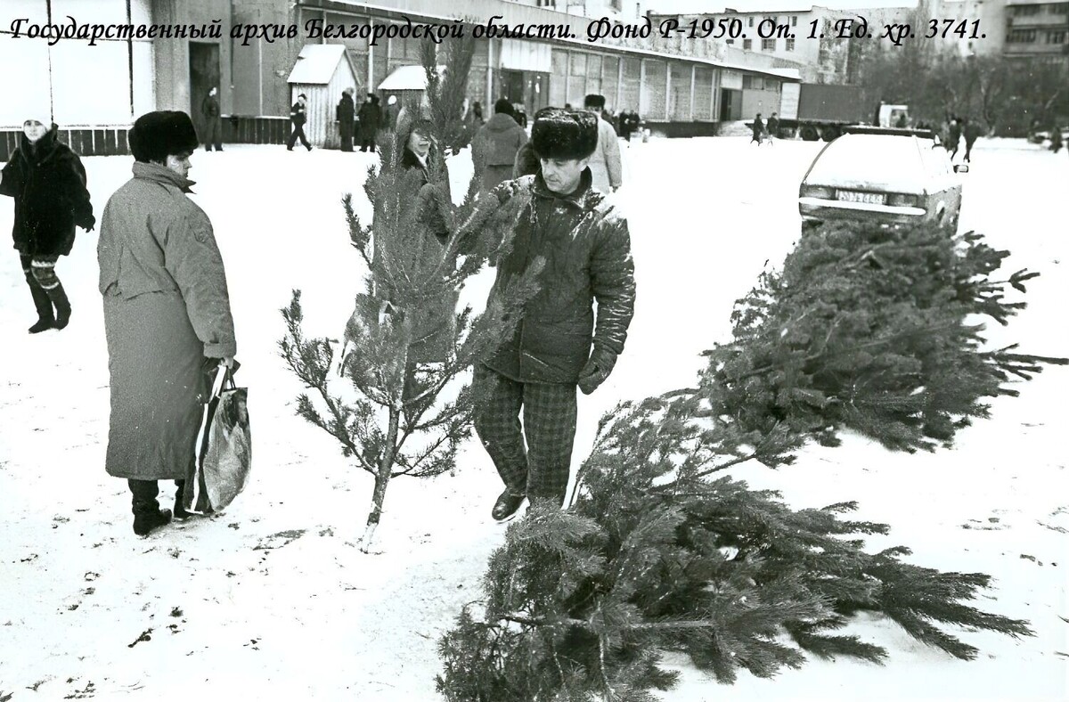    Ёлочный базарчик в микрорайоне Приборостроитель Старого Оскола, декабрь 1996 года   Василий Смотров / vk.com/belarchive (Госархив Белгородской области)