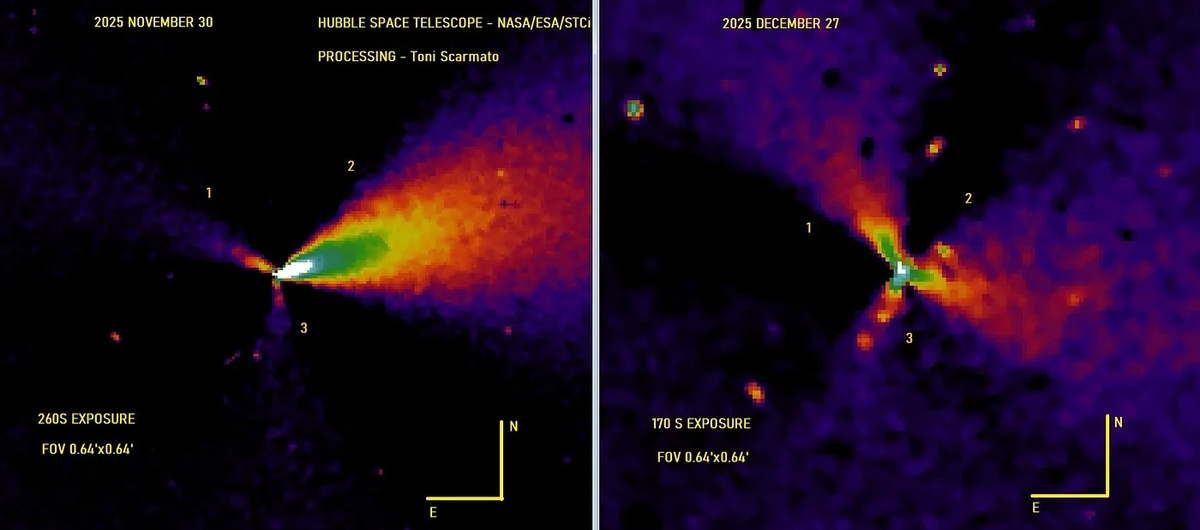 Изображения структуры струй 3I/ATLAS, полученные с помощью космического телескопа «Хаббл» и обработанные с помощью фильтра градиента вращения Ларсона-Секанины, демонстрируют переменную структуру джетов. На верхних панелях увеличено изображение внутренних джетов в радиусе 24 000 километров от 3I/ATLAS 30 ноября 2025 года (вверху слева) и 27 декабря 2025 года (вверху справа). Если посмотреть на внешнюю структуру, простирающуюся на 100 000 километров, которая показана на двух нижних панелях за 12 декабря (внизу слева) и 27 декабря (внизу справа), то можно увидеть, что в нижней левой части изображения, направленной к Солнцу, преобладает антихвост. (Изображение предоставлено Тони Скармато на основе данных, опубликованных NASA/ESA/STScI).