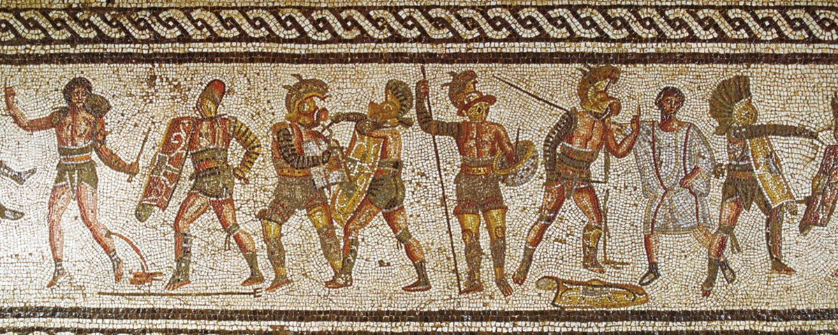 Римская мозаика, изображающая гладиаторов.
