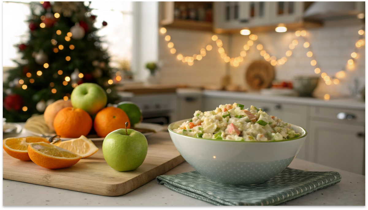 Салат оливье в миске и рядом нарезанное зелёное кислое яблоко