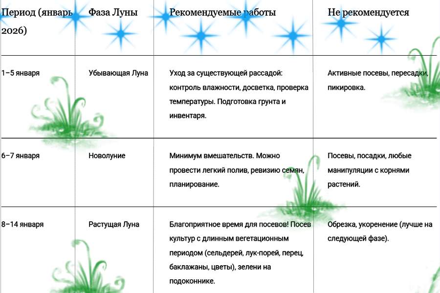 Лунный календарь садовода и огородника на 2026 год - Ключевые фазы Луны в январе 2026 года
