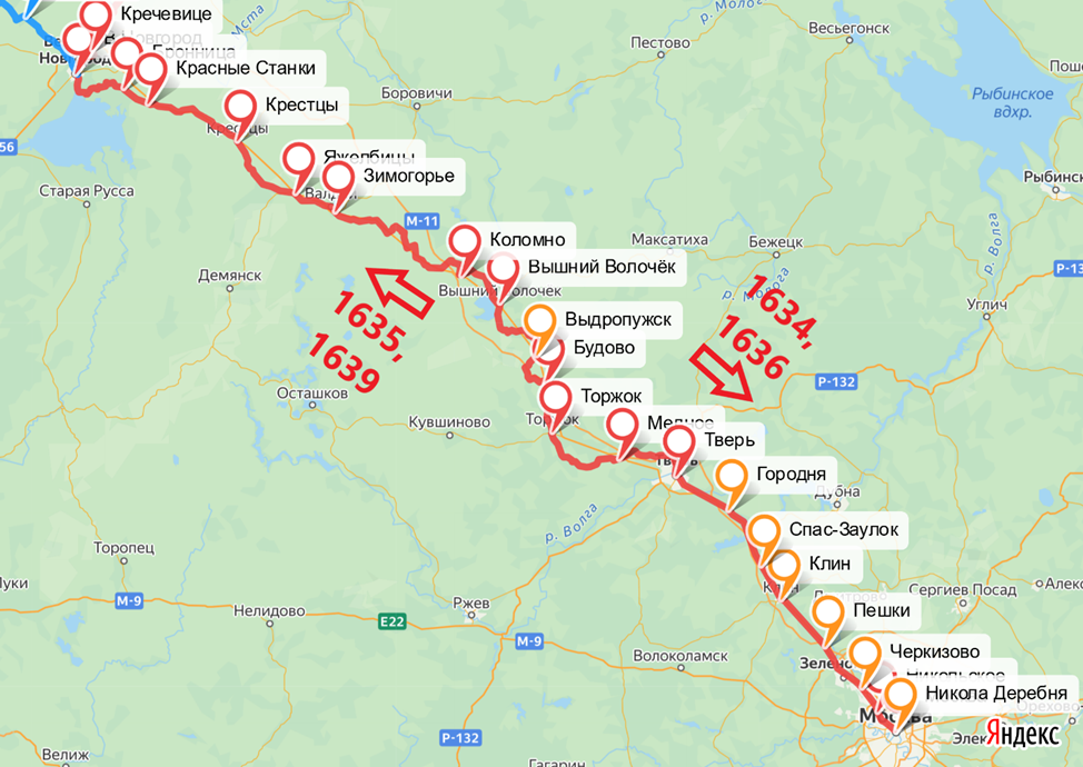 Рис.2. Маршрут Адама Олеария из Новгорода в Москву в 1634 и 1636 годах и обратный маршрут из Москвы в Новгород в 1635 и в 1639 годах.
