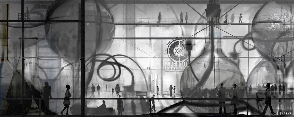 Концепт-арт Aperture Science времён сороковых, когда компания была на пике могущества. В Portal 2 этот период воплотился в виде шахт развития.