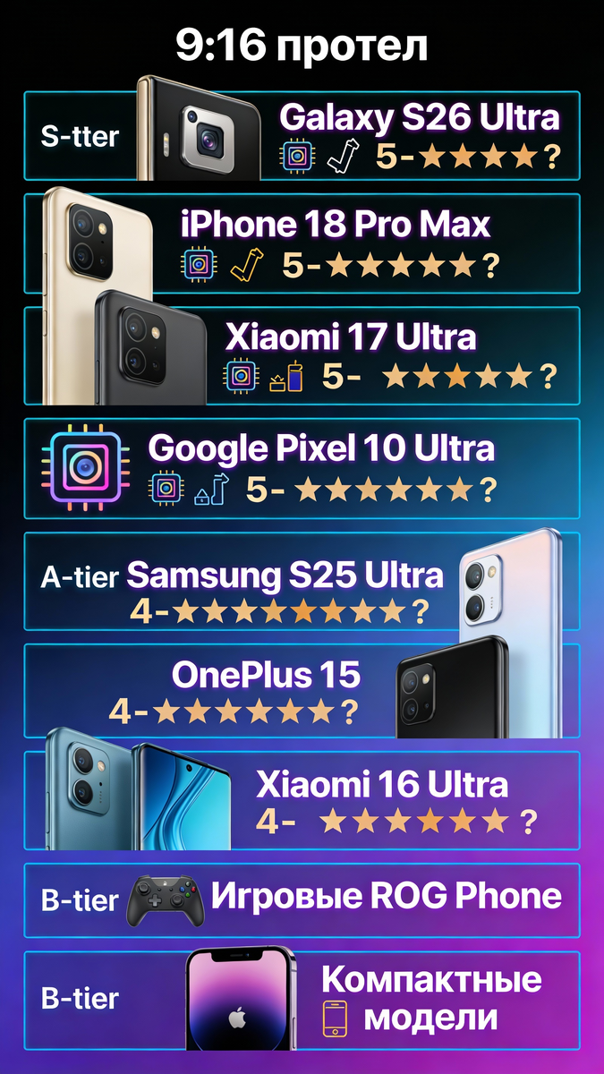 Тир-лист флагманов смартфонов на начало 2026 года — это визуальная инфографика, где модели разбиты по уровням от S (элита) до B (нишевые). (see the generated image above)
​

Верхний S-tier с неоновой рамкой содержит топ-4: Galaxy S26 Ultra с S-Pen и 200 МП камерой, iPhone 18 Pro Max с титановым корпусом, Xiaomi 17 Ultra с Leica 1" сенсором и Pixel 10 Ultra с ИИ-фокусом — все с иконками звёзд, чипов и батарей.(see the generated image above)
​

A-tier ниже предлагает прагматичные варианты вроде S25 Ultra и OnePlus 15, а B-tier внизу — игровые ROG Phone и компактные модели, с эмодзи для характеристик.(see the generated image above)
​

Градиентный фон в тёмных тонах (чёрный-синий-фиолетовый) и вертикальный формат 9:16 идеальны для поста в Дзене, подчёркивая тренды: мощь Snapdragon 8 Elite Gen 5, ИИ-камеры и автономность на 2 дня