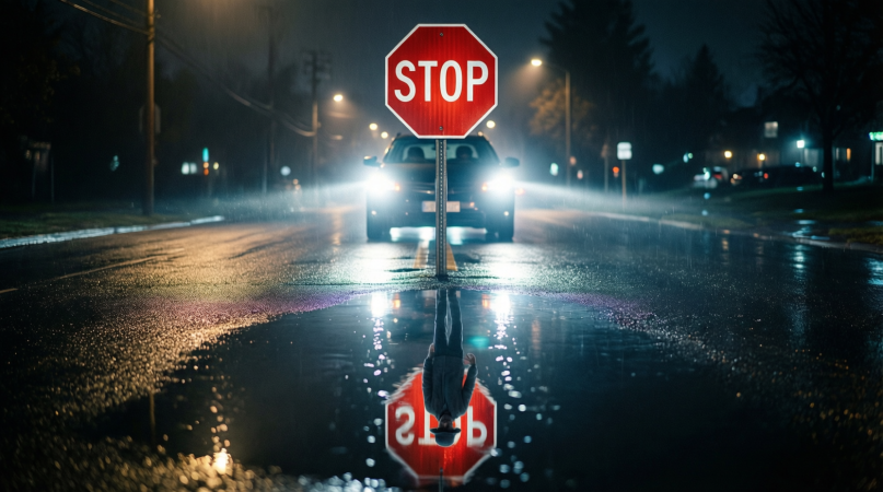 Дорожный знак «Стоп» в свете фар — на асфальте отражается не только знак, но и контур пешехода в шапке (визуализация AEB).