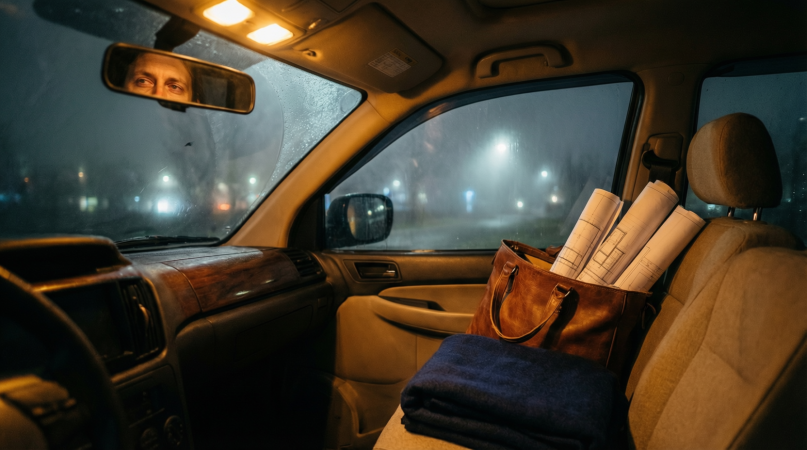 Интерьер ночью: приборка в янтарном свете, отражение уставших глаз в зеркале — но взгляд спокоен. На заднем сиденье — сумка с чертежами, свёрнутый плед.