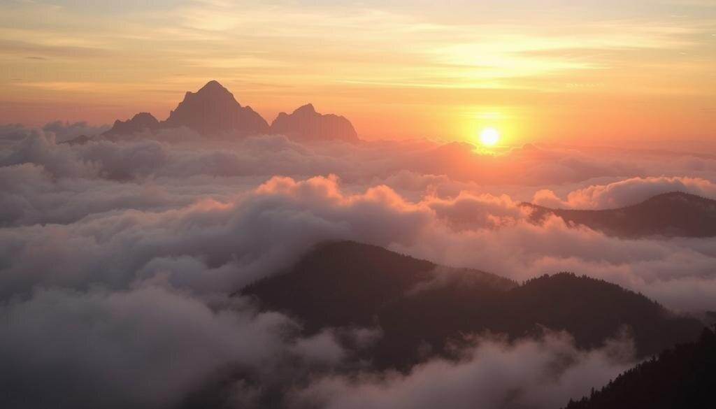    Восход солнца над горным пейзажем с облаками.