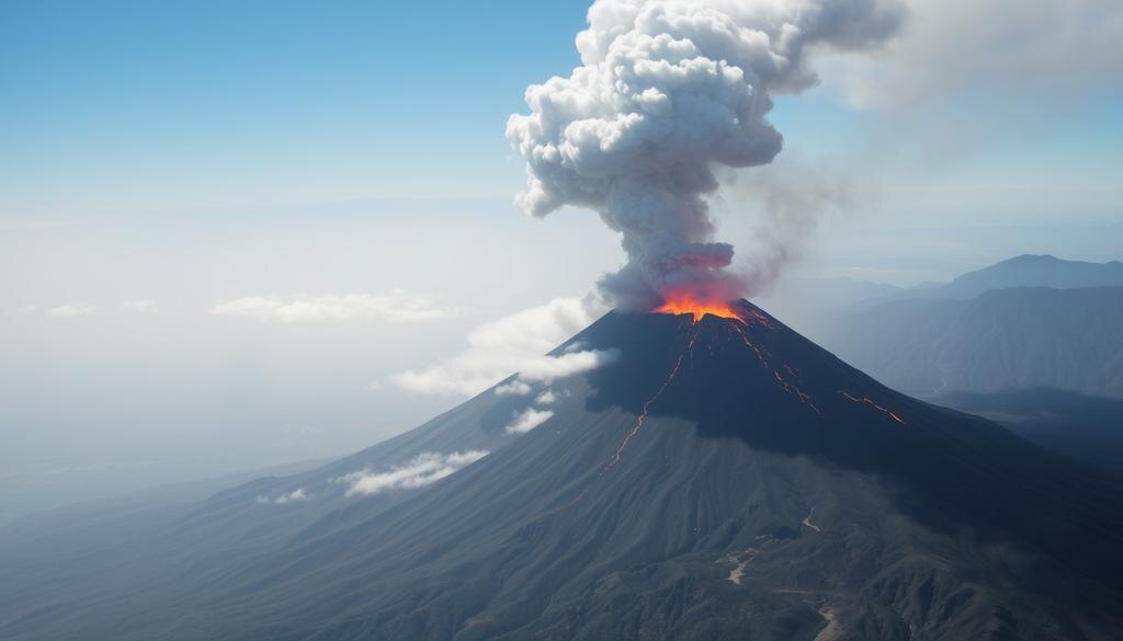    Извержение вулкана вечной дымкой вокруг.