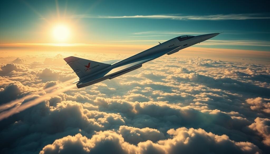    Иллюстрация с изображением сверхзвукового пассажирского самолета в небе