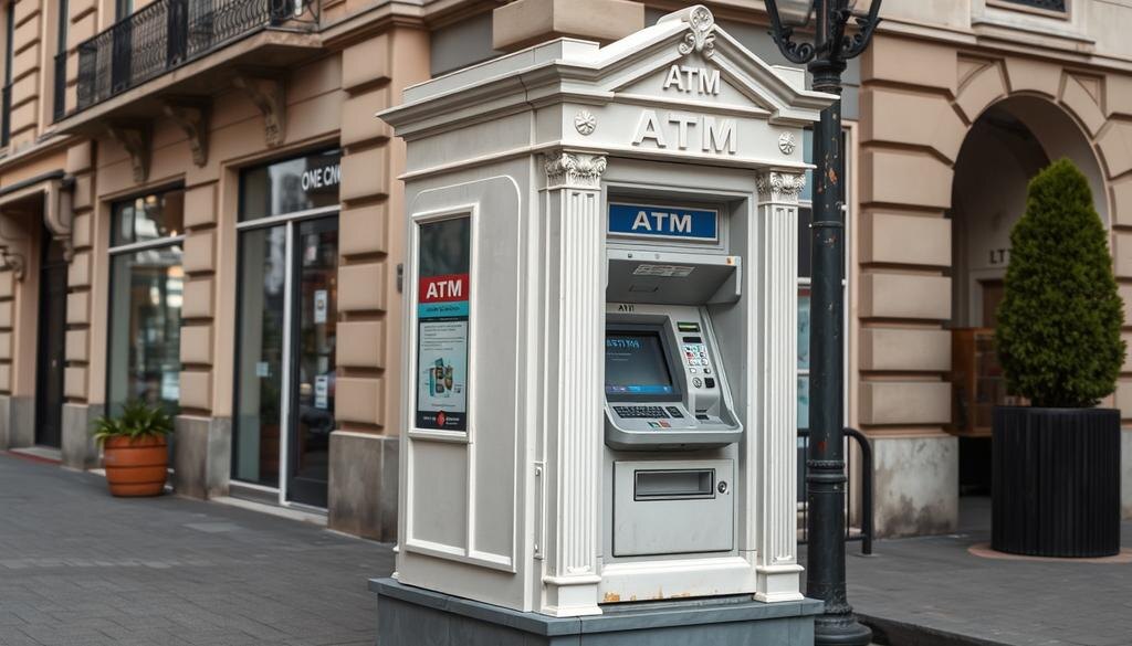    Изображение банкомата 1960-х годов, установленного на улице, с пейзажем вокруг и без видимого текста.