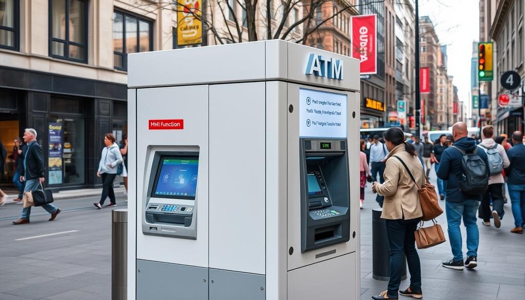    Изображение современного многофункционального банкомата в городском окружении без текста.