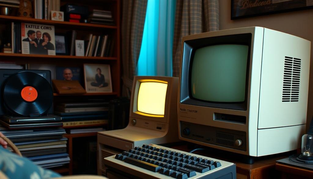    Детальное изображение персонального компьютера 80-х годов на фоне уютной комнаты, украшенной элементами той эпохи
