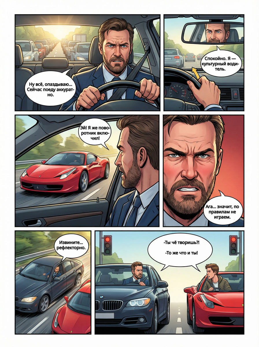 Он спокоен, вежлив и строго по правилам… ровно до того момента, пока кто-то не включает поворотник слишком поздно. Мини-комикс о том, как благие намерения и «рефлекторная справедливость» сталкиваются на дороге — и почему каждый из нас иногда становится тем самым водителем, на которого сам же злился минуту назад.