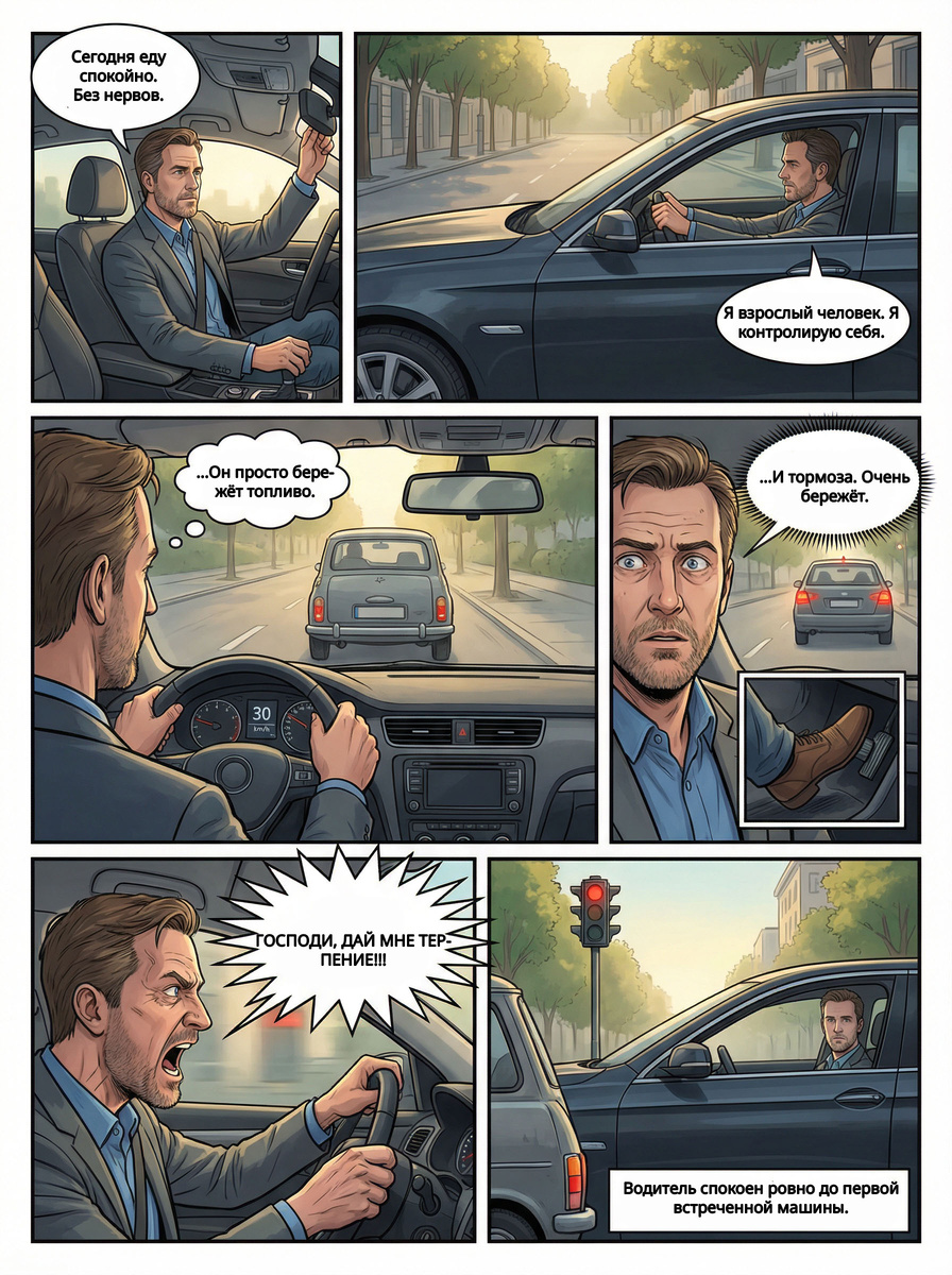 Он искренне решает ехать без нервов, дышать глубже и быть взрослым человеком. Но на дороге всегда находится тот самый водитель, который бережёт тормоза и топливо слишком усердно. И вот уже философия спокойствия трещит по швам. Ироничный мини-комикс о том, как легко самообладание проверяется обычной поездкой по городу.