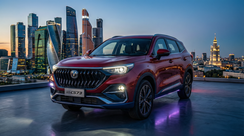 Главный герой в среде. Широкий плакатный кадр. Changan CS75 Plus алого или тёмно-синего цвета стоит на смотровой площадке на фоне вечернего мегаполиса (Москва-Сити, Екатеринбург-Сити). Стиль — динамичный, премиальный. Фары и светодиодная оптика включены, подсветка кузова мягко сияет.