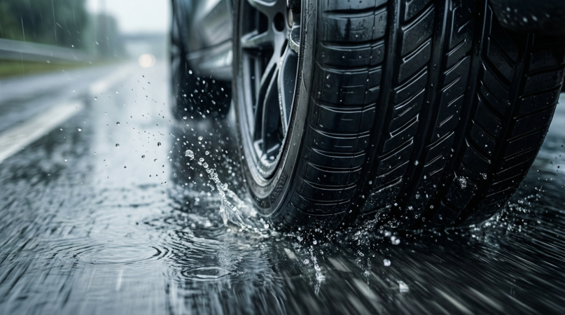 Динамика в деталях. Крупный план колеса R17 в движении по мокрому асфальту. Брызги воды капли летят в сторону, протектор резкий, чёткий. На заднем фоне — размытая дорога.