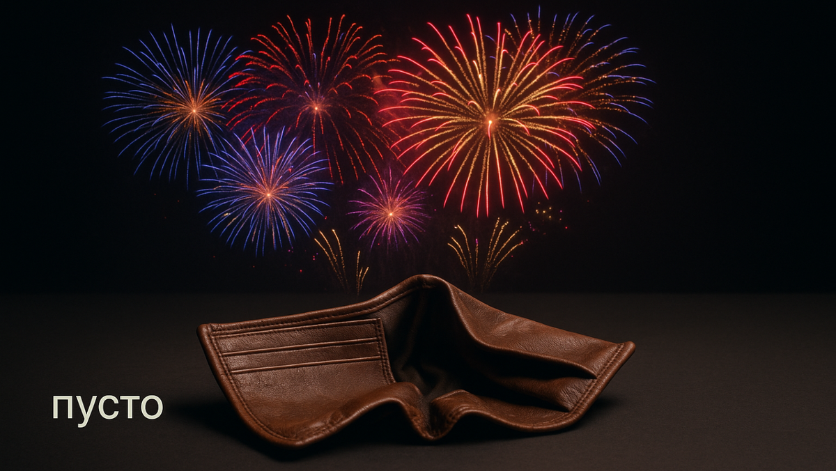 Пустой кошелек на фоне новогоднего фейерверка