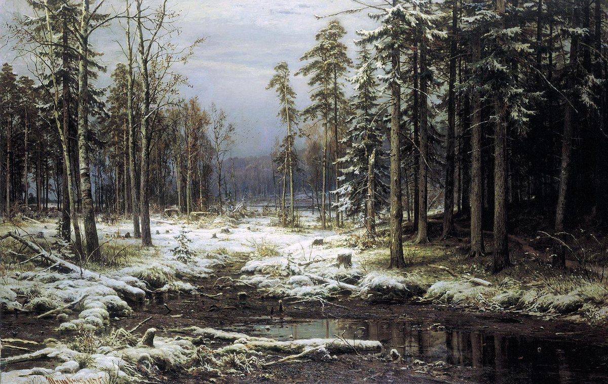 "Первый снег", 1875 год. Холст, масло. 140 x 220 см. Шишкин Иван Иванович