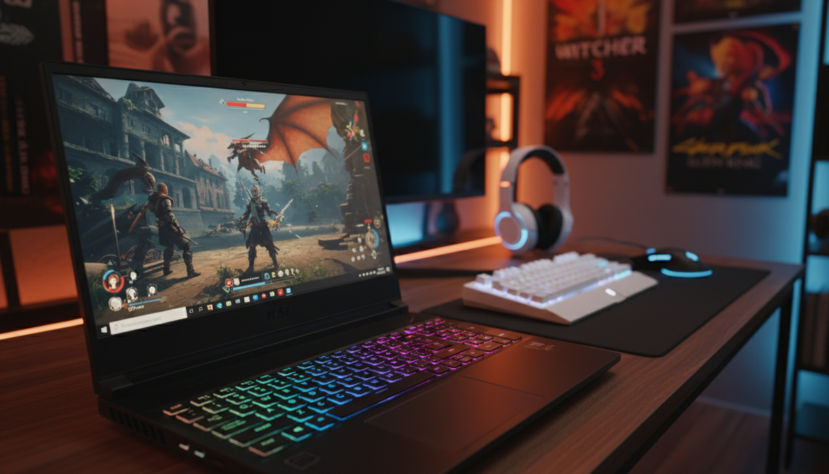 Стильный игровой ноутбук MSI Katana, расположенный на видном месте на переднем плане, демонстрирует угловатый современный дизайн с подсветкой RGB на клавиатуре. 17,3-дюймовый IPS-дисплей ноутбука должен быть открытым, чтобы демонстрировать игровой интерфейс высокой четкости. Посередине находится стильный игровой стол с механической клавиатурой, игровой мышью и высококачественной гарнитурой, которые гармонично сочетаются с приглушенным освещением комнаты, создавая особую игровую атмосферу. Фон должен быть оформлен в утонченном игровом стиле, включая постеры с популярными играми и светодиодную подсветку, создающую яркую, но в то же время сосредоточенную обстановку. Используйте мягкую глубину резкости, чтобы привлечь внимание к ноутбуку, а теплое, привлекательное освещение - чтобы вызвать чувство волнения и погружения в игровой мир.