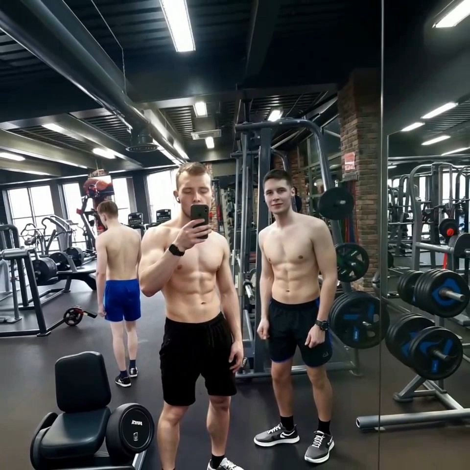 У нас в зале парни, кто стремится к достижению результатов и занимаются самосовершенствованием тренируются без маек. Это мы с Женькой
