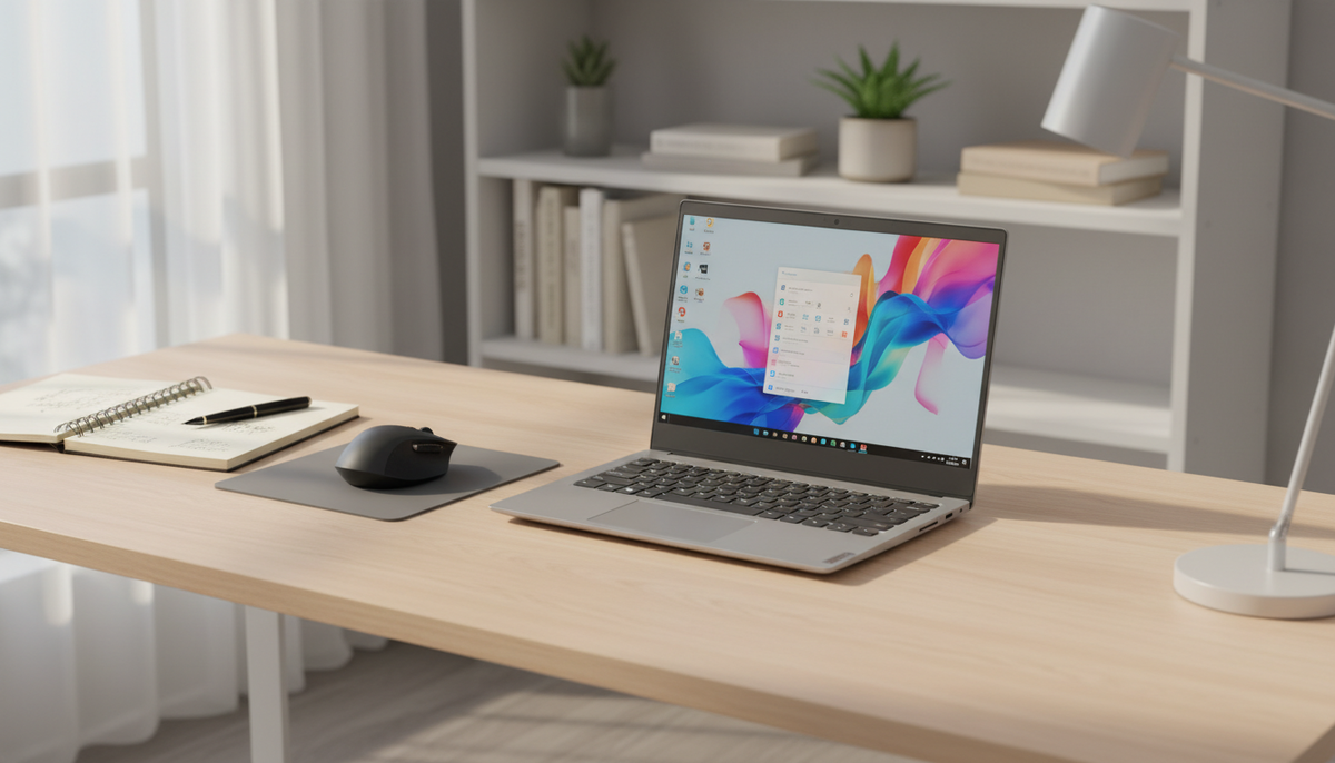 Элегантный ноутбук Lenovo IdeaPad Slim 3 с 15,6-дюймовым экраном IPS FHD расположен на современном минималистичном столе, окруженном стильным рабочим пространством. Ноутбук открыт, благодаря яркому дисплею с четкой, красочной графикой и непринужденной профессиональной атмосфере. На переднем плане видны едва заметные элементы технологии, такие как беспроводная мышь и блокнот для заметок. Центральное место занимает ноутбук на слегка размытом фоне аккуратно расставленных книжных полок и растений в горшках, что усиливает профессиональную атмосферу. Мягкое естественное освещение освещает сцену, создавая теплую и располагающую атмосферу. Угол наклона немного смещен вверх, что позволяет эффективно фиксировать детали ноутбука, сохраняя при этом элегантную композицию.