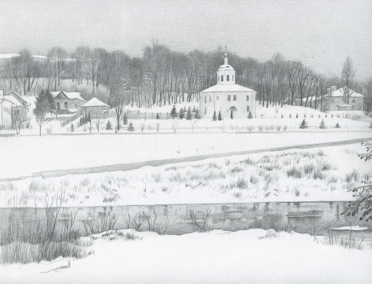 К. Тихонова. Серия: Удивительный Смоленск. Лист: Январь. Вид на храм Иоанна Апостола Богослова. 2026. Бумага, графит. Фрагмент.