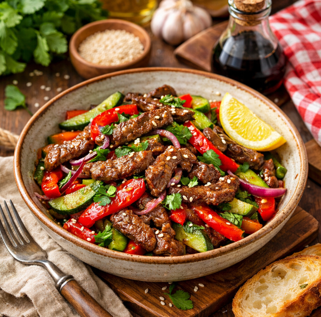 Тёплый салат с говядиной и соевым соусом рецепты от Дарики