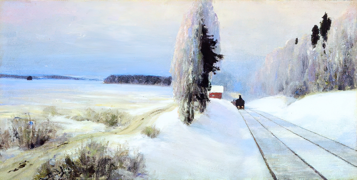 "Железная дорога близ станции Тарусская", 1903 год. Холст, масло 33,5 х 66 см. Государственный мемориальный историко-художественный и природный музей-заповедник В.Д. Поленова. Поленов Василий Дмитриевич