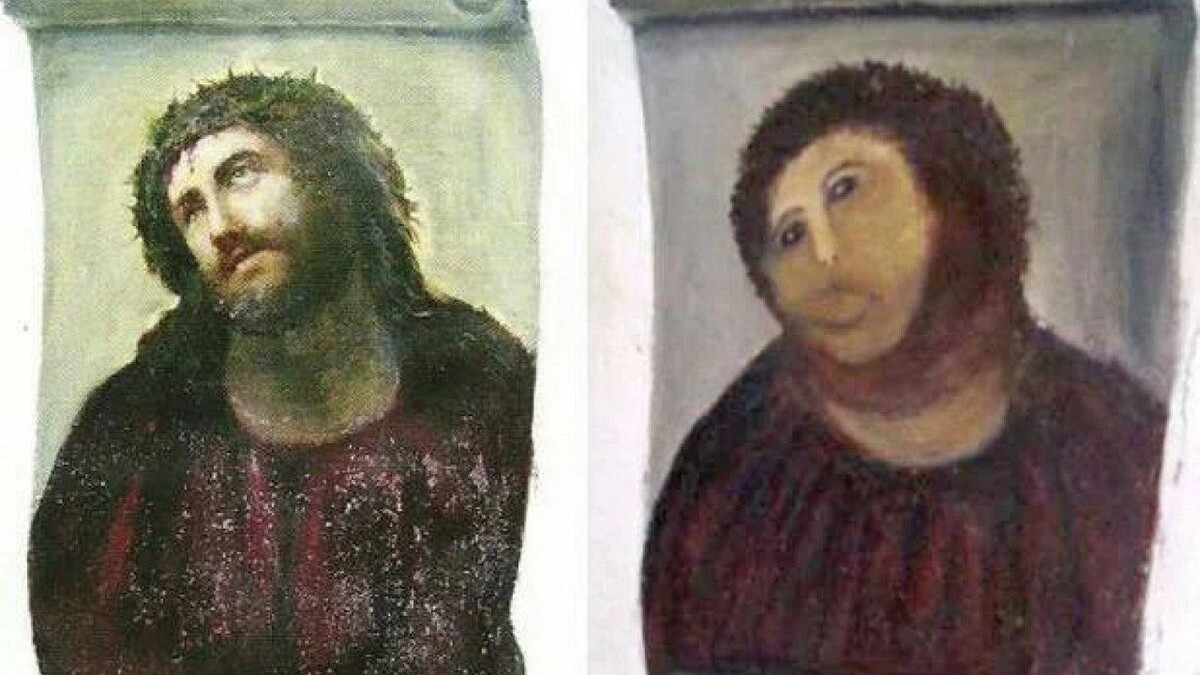    Фреска до реставрации Хименес (слева) и после. Фото: commons.wikipedia.org