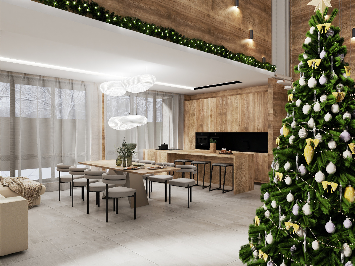 Интерьер кухни-столовой объединенной с гостиной