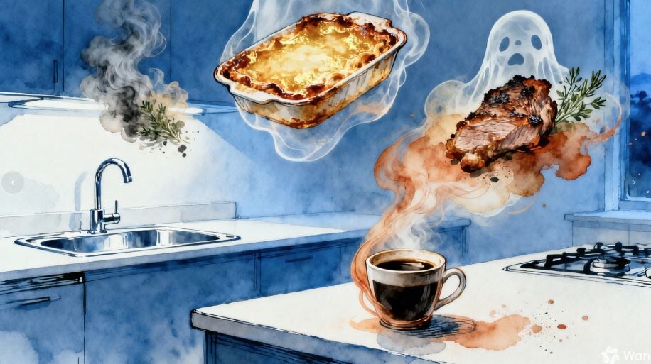 "...сама кухня впитала ужин и теперь вместе с утренним кофе напоминает о вчерашнем вечере."
 