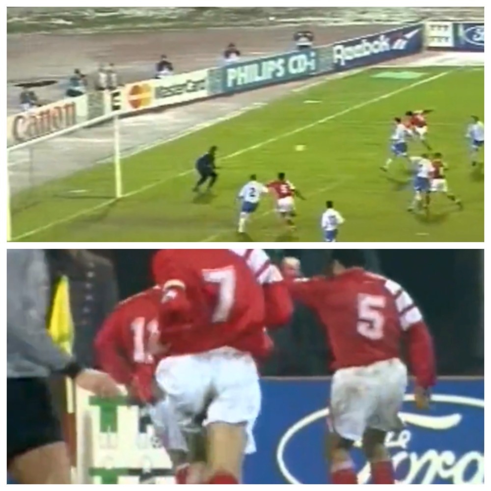 Мухсин Мухамадиев (№11) забивает гол в ворота киевского "Динамо" в Лиге чемпионов в 1994-м году и танцует с Рашидом Рахимовым (№5)