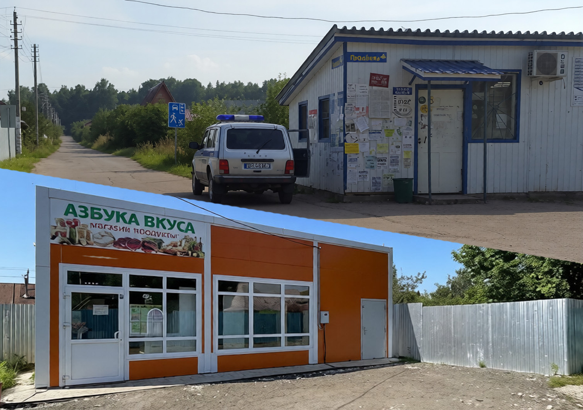 Прежний "ларёк" и более современный магазин