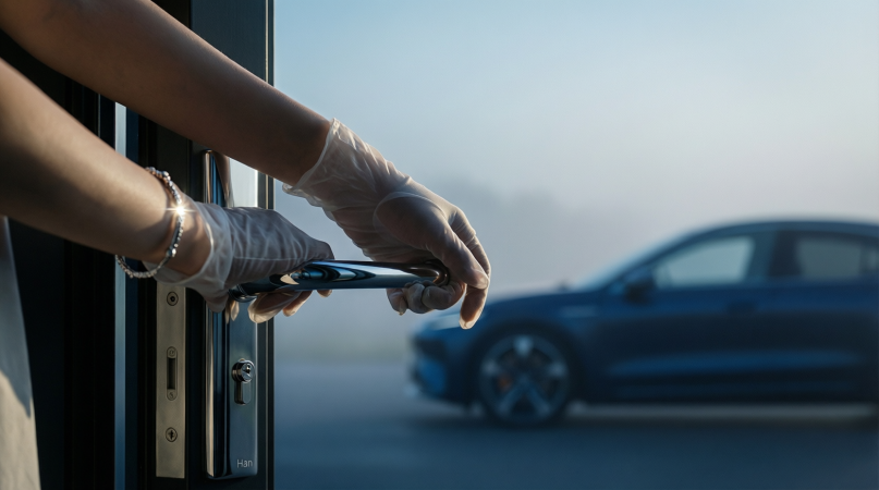 Крупный план — руки в тонких перчатках, открывающие дверь Han. На запястье — тонкий браслет, отбрасывающий блик на хромированную накладку. Фон — туманное утро, силуэт машины в синеве.