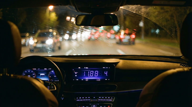 Вид из салона на панель ночью. Свет приглушён, цифры — тёплый ультрамарин. Отражение в лобовом — огни встречных фар, но не слепящие, размытые, как сквозь воду.
