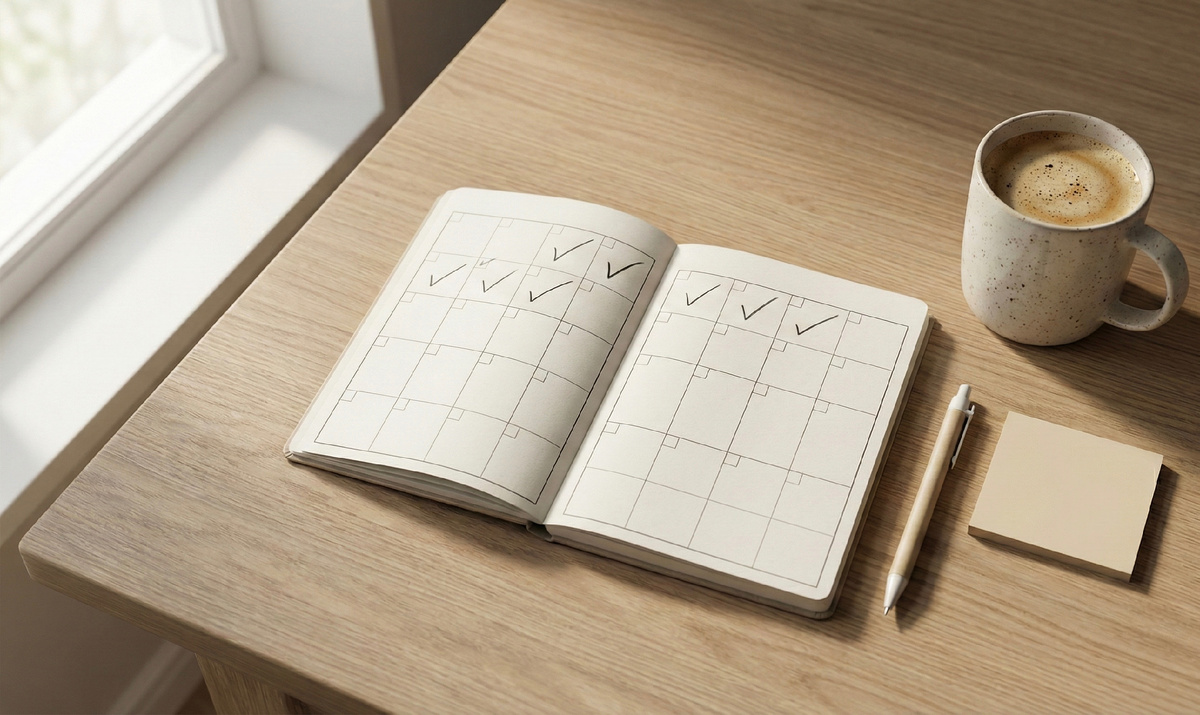 Планер с отметками на неделю и чашка кофе на минималистичном столе.