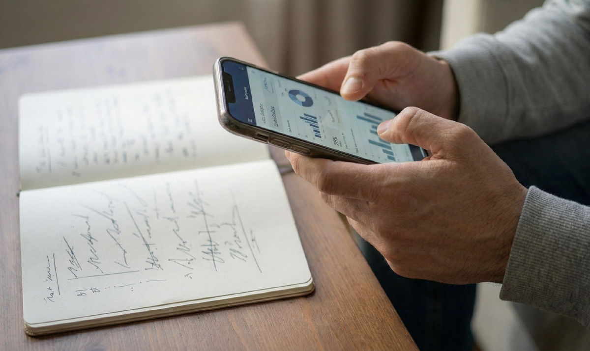 Руки держат смартфон со размытыми графиками, рядом блокнот с заметками от руки.