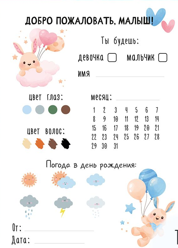 Анкета гостя гендерпати с прогнозом пола и других характеристик ребенка.