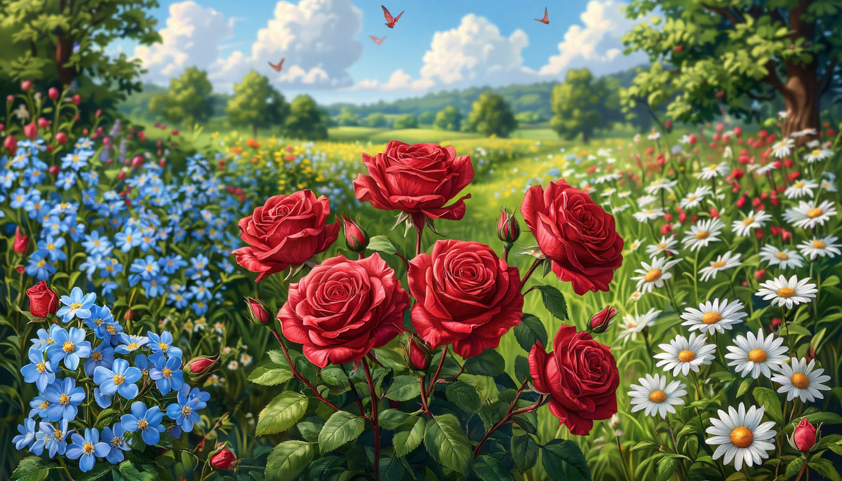 Ромашки спрятались за незабудками, а незабудки все — за розов цвет. Изображение от ИИ Шедеврум