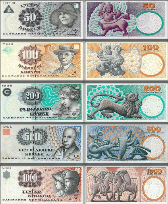 Вышедшие из обращения датские кроны, образцы банкнот одной из серий
