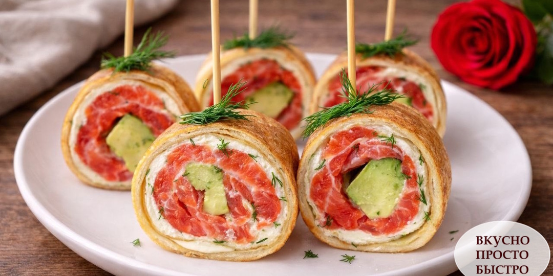 БЛИНЧИКИ С ФОРЕЛЬЮ! Изящная закуска-ролл с сыром и авокадо для фуршета