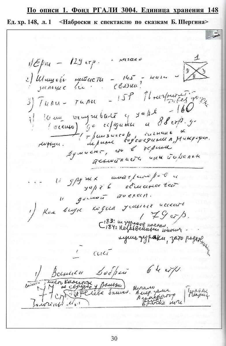 Набросок сценарного плана к несостоявшемуся спектаклю по сказкам Б.Шергина,  почерк Высоцкого и Смехова.
Источник: Владимир Высоцкий. Архивы рассказывают - 21 / сост. Ю. Гуров, С. Дёмин, Б. Черторицкий. - Новосибирск, 2020 - С. 30.