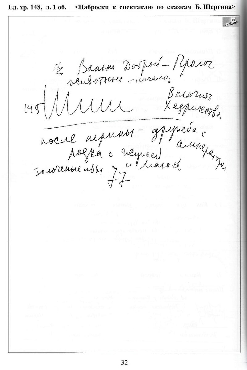 Набросок сценарного плана к несостоявшемуся спектаклю по сказкам Б.Шергина,  почерк Высоцкого и Смехова.
Источник: Владимир Высоцкий. Архивы рассказывают - 21 / сост. Ю. Гуров, С. Дёмин, Б. Черторицкий. - Новосибирск, 2020 - С. 32.