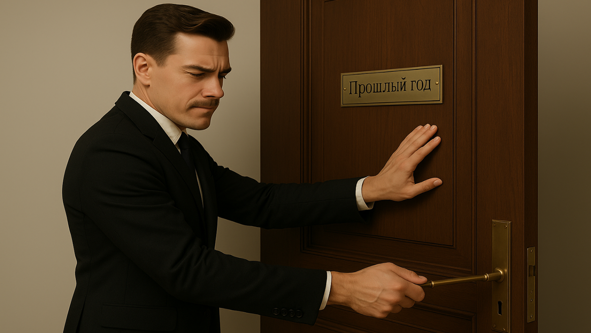 Человек закрывает дверь прошлого года и держит ключ 