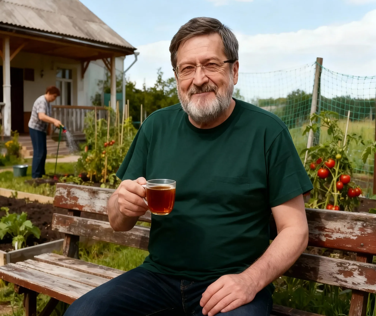 Владимир Николаевич на своём посту. Здесь, за чашкой чая, рождаются решения дачных войн и философия шести соток. 🏡☕