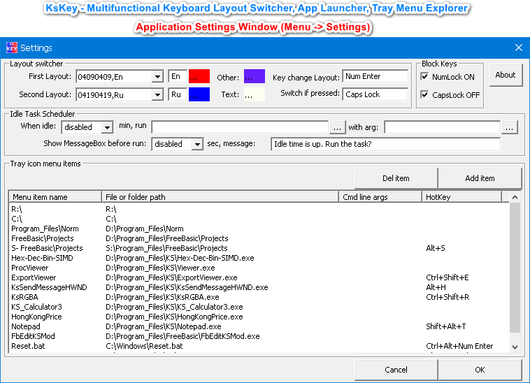 Настройки кнопок переключения раскладки, цвета иконок и список пунктов меню в трее