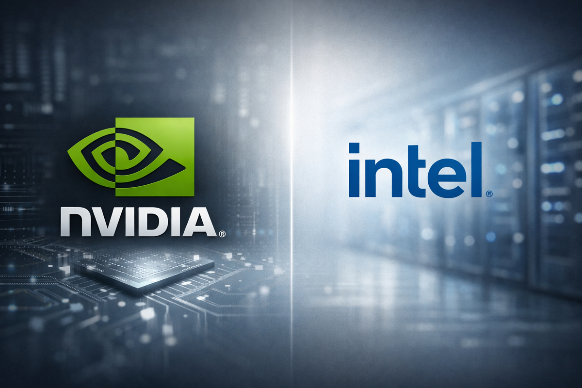 Иллюстрация: редакционный коллаж с использованием логотипов NVIDIA и Intel